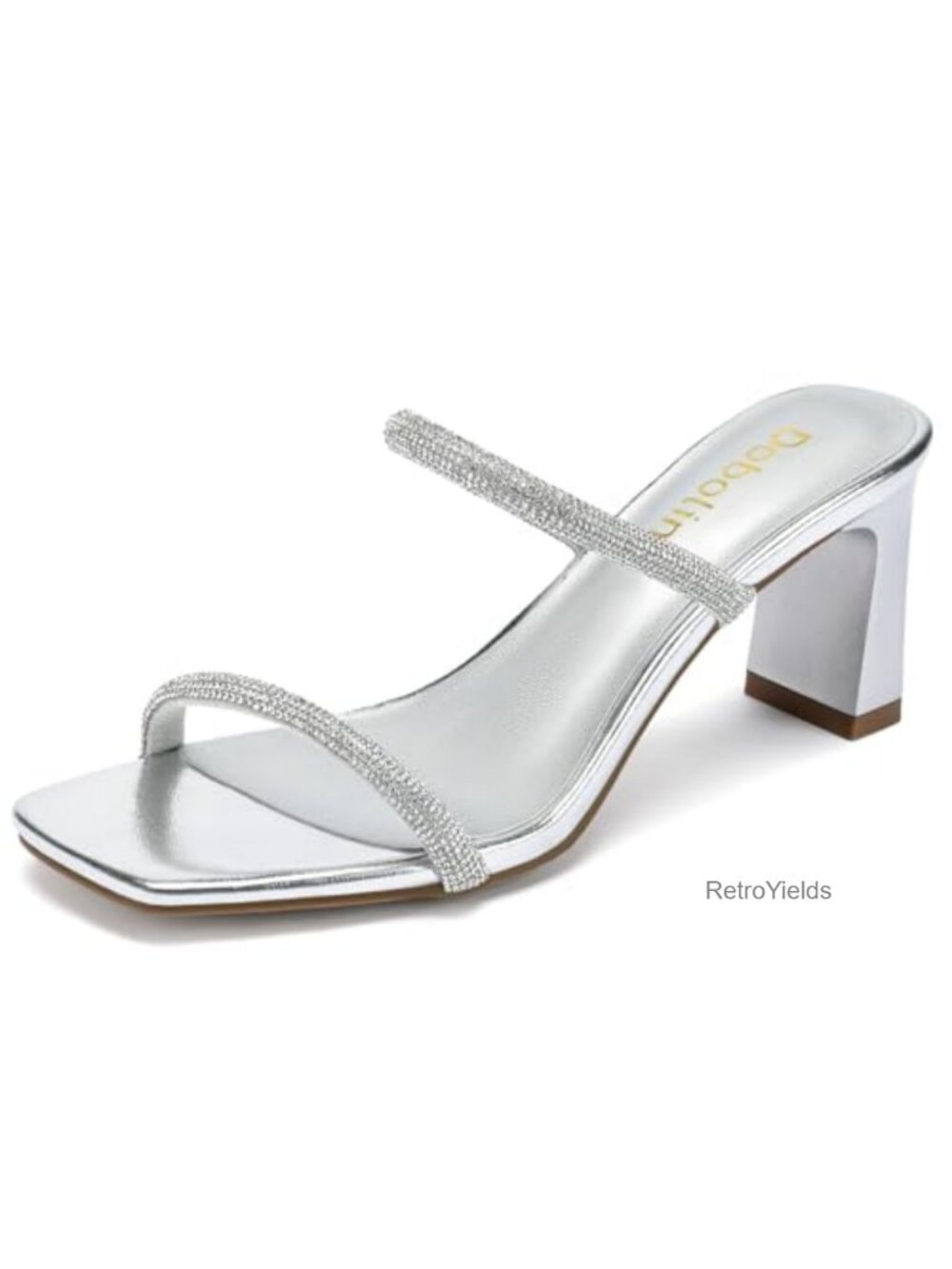 Rhinestone Block Heel Sandals Square Toe Two Strap Mules Faux Leather